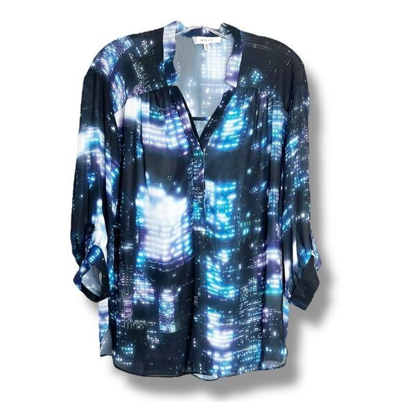 Milly City Scape 1/4 Button Pullover Collarless Blouse Blue Women’s Size 10 - Picture 2 of 7